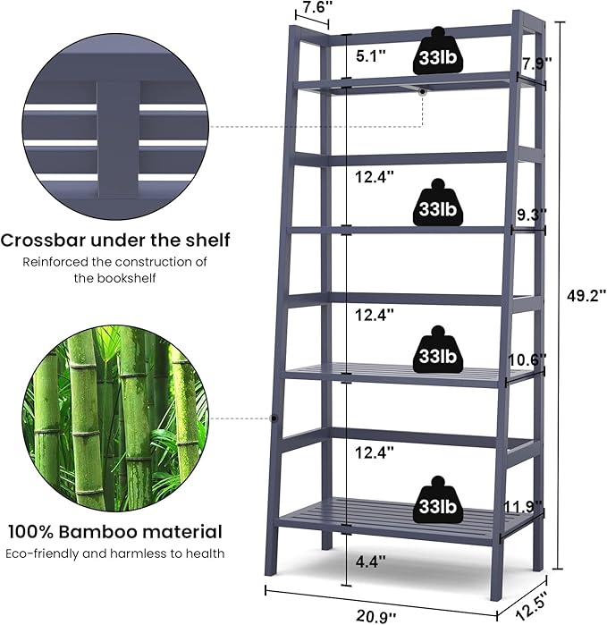 Homykic Bamboo Ladder Shelf 4-Tier Bookshelf, 49.2” Freestanding Open Bookcase Book Shelf Bathroom Storage Shelf Unit Plant Stand for Living Room, Bedroom, Small Space, Home Office, Blue Grey - LeafyLoom