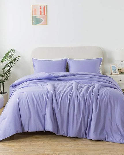Full Size Lavender Purple Comforter Set, Solid Down Alternative Soft Boho Bedding Comforter Set, Breathable Fluffy Skin-Friendly Comforter for All Seasons with Pillowcases - LeafyLoom