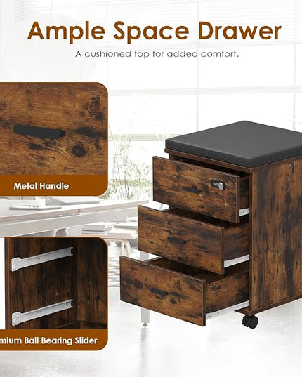 Soohow 3 Drawers Vertical Detachable Cushion Mobile Under Desk File Cabinet with Smart Lock/Casters,Rustic-Black, Large, Brown - LeafyLoom