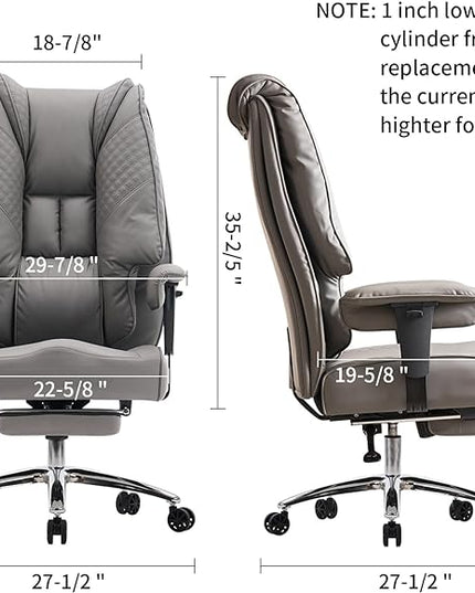 Big and Tall Office Chair 400lbs Wide Seat, Leather High Back Executive Office Chair with Foot Rest, Ergonomic Office Chair Lumbar Support for Lower Back Pain Relief (Grey) - LeafyLoom