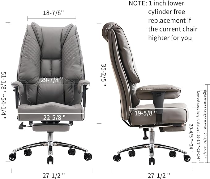 Big and Tall Office Chair 400lbs Wide Seat, Leather High Back Executive Office Chair with Foot Rest, Ergonomic Office Chair Lumbar Support for Lower Back Pain Relief (Grey) - LeafyLoom