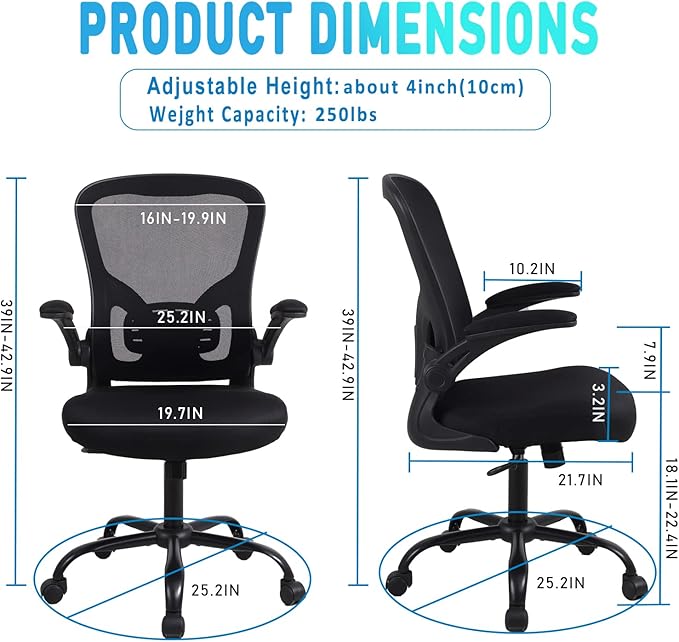 Ergonomic Office Desk Chair Breathable Mesh Swivel Computer Chair, Lumbar Back Support Task Chair, Office Chairs with Wheels and Flip-up Arms,Executive Rolling Chair - LeafyLoom