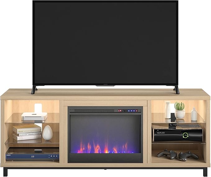 Ameriwood Home Lumina Fireplace TV Stand, Deluxe 70", Blonde Oak - LeafyLoom