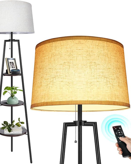 OUTON Tripod Floor Lamp with Shelves, Modern Shelf Floor Lamp with Remote, 4 Color Temperature, Dimmable Tall Standing Corner Lamp with Beige Linen Texture Shade for Living Room, Bedroom, Office - LeafyLoom