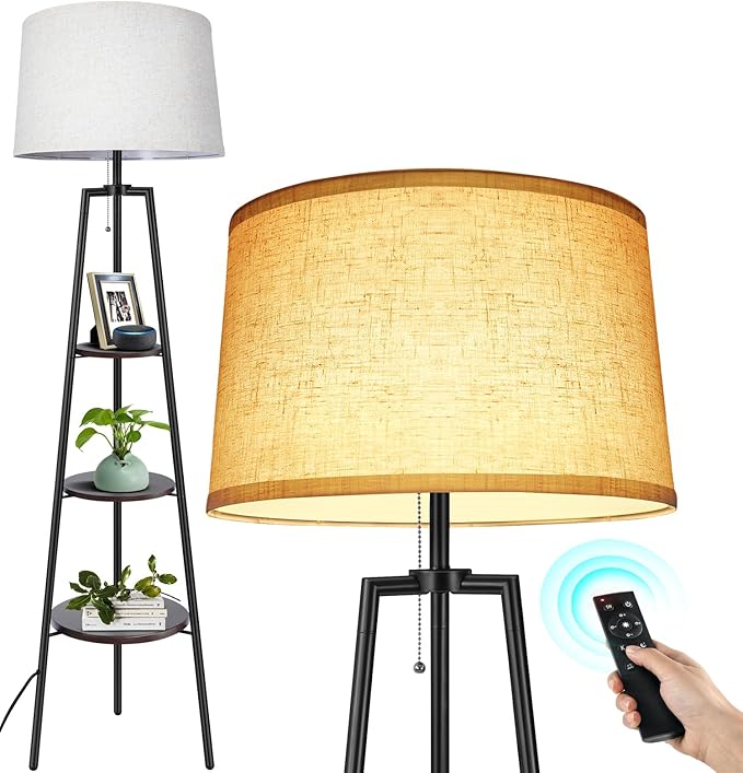 OUTON Tripod Floor Lamp with Shelves, Modern Shelf Floor Lamp with Remote, 4 Color Temperature, Dimmable Tall Standing Corner Lamp with Beige Linen Texture Shade for Living Room, Bedroom, Office - LeafyLoom