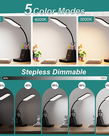 Cotanic LED Desk Lamps for Home Office with Wireless Charger, Stepless Dimmable, 3 Color Modes, Black Study Lamp for College Dorm Room, Touch Control, Pen Holder, CRI 90, 800 Lumen, Adapter Included - LeafyLoom