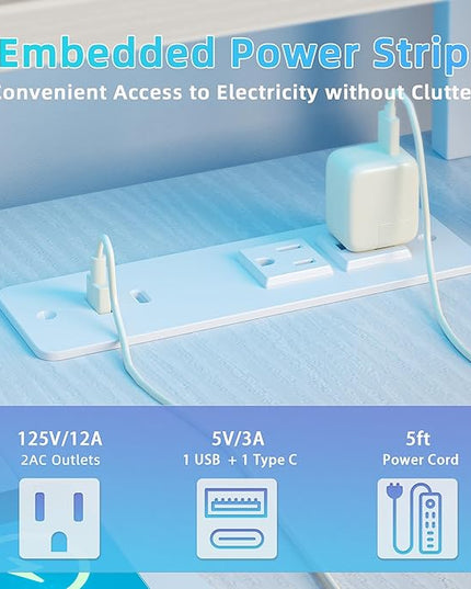 L Shaped Gaming Desk with Power Outlets, 47 Inch Computer Desk with LED Lights and Reversible Shelves, Corner Desk Work Desk for Home Office Bedroom, White - LeafyLoom