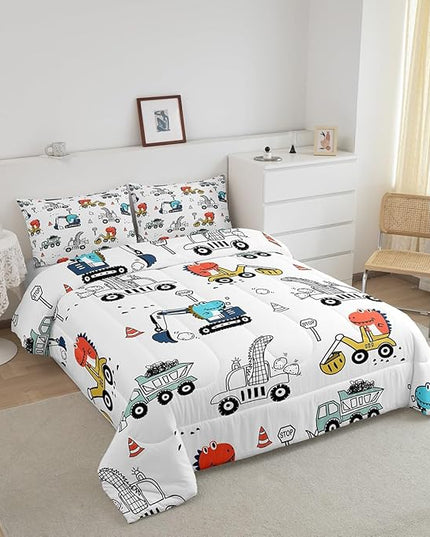 Feelyou Kids Cartoon Car Comforter Set Construction Bedding Set Full Size Tractor Vehicle Truck Comforter for Kids Boys Girls Cute Dinosaur Quilt Set Yellow Blue Soft for Teens Child Room Decor - LeafyLoom