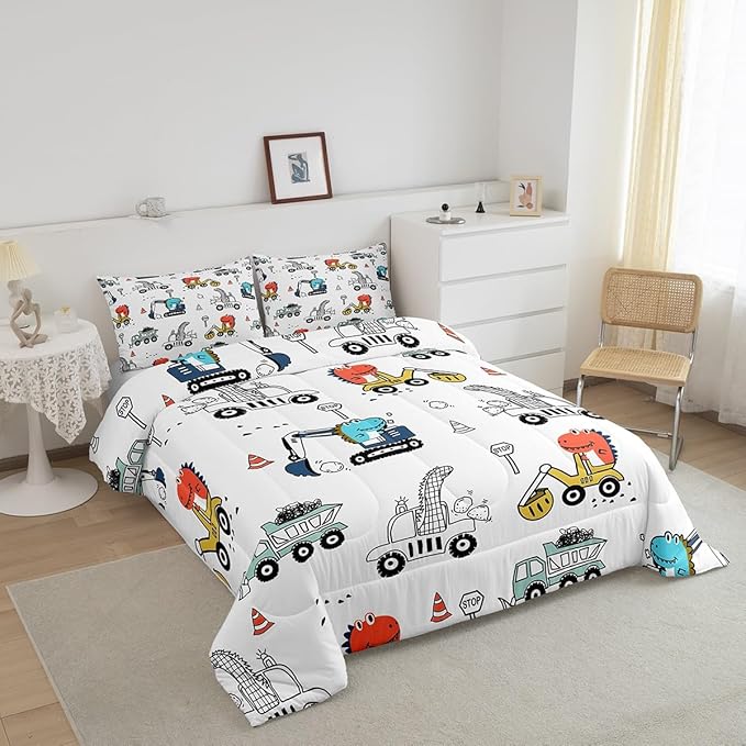Feelyou Kids Cartoon Car Comforter Set Construction Bedding Set King Size Tractor Vehicle Truck Comforter for Kids Boys Girls Cute Dinosaur Quilt Set Yellow Blue Soft for Teens Child Room Decor - LeafyLoom