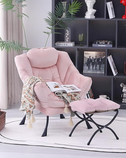 Lazy Chair with Ottoman, Modern Accent Chair Contemporary Lounge Leisure Upholstered Sofa Chair Set with Armrests, Reading Chair for Living Room, Bedroom, Office, Light Pink - LeafyLoom