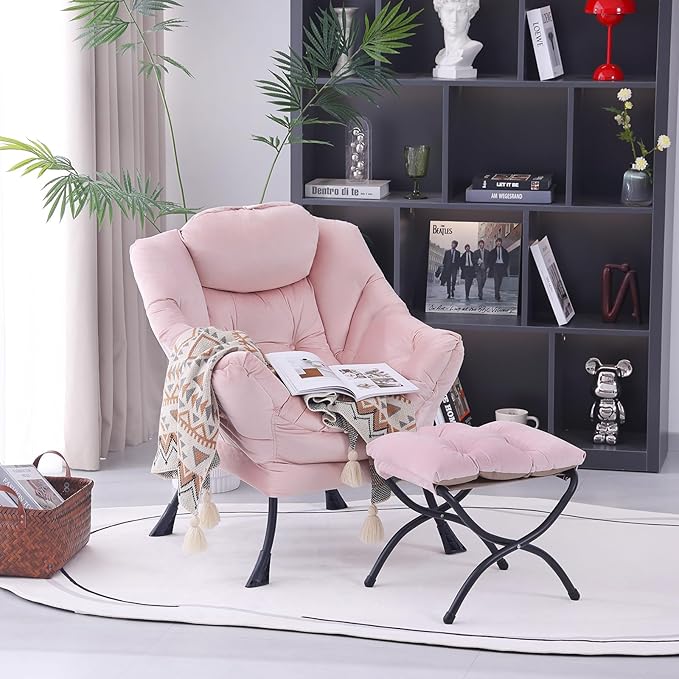 Lazy Chair with Ottoman, Modern Accent Chair Contemporary Lounge Leisure Upholstered Sofa Chair Set with Armrests, Reading Chair for Living Room, Bedroom, Office, Light Pink - LeafyLoom