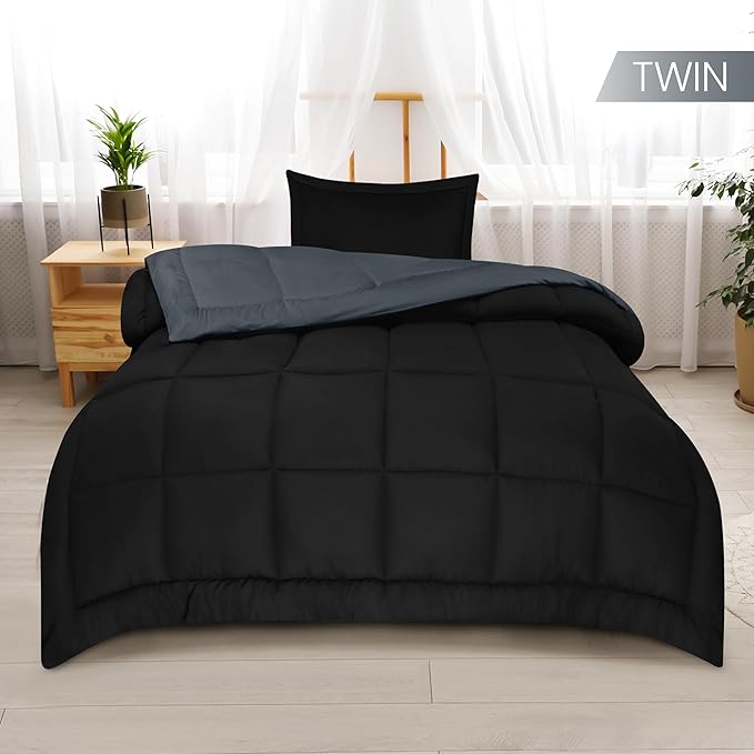 Utopia Bedding Twin Comforter Set Kids with 1 Pillow Sham, Bedding Comforter Sets, Down Alternative Reversible Black/Grey Comforter, Soft and Comfortable, Machine Washable - LeafyLoom