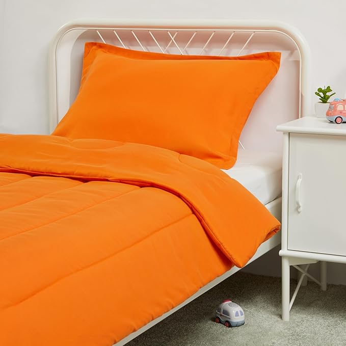 Amazon Basics 2 Piece Microfiber Kid's Comforter and Pillow Sham Set, Toddler, Bright Orange, Solid - LeafyLoom