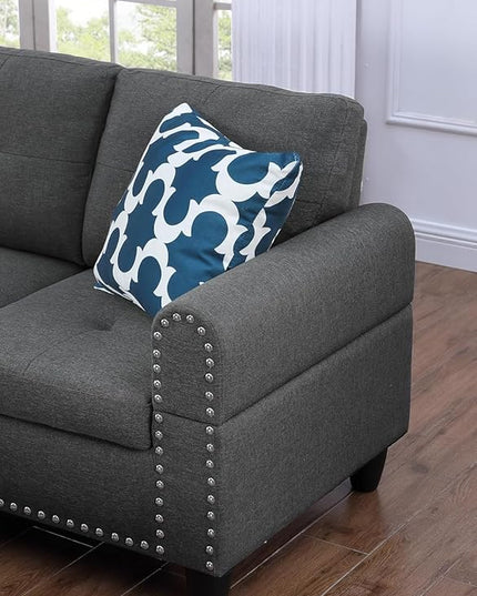 3-Piece Sectional Couch, Button Tufted Upholstered Modular Sofas with Chaise Lounge and Storage Ottoman, Large L-Shaped Living Room Sets w/Foldable Console and Cup Holder, Linen Black - LeafyLoom