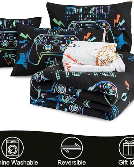 Meeting Story Gamer Gaming Bedding Sets Fluorescence Gamepad Comforter Set for Boys Games Console Action Buttons Novelty Colorful Modern Room Decor Home Quilt Set (Black, Twin6pcs) - LeafyLoom