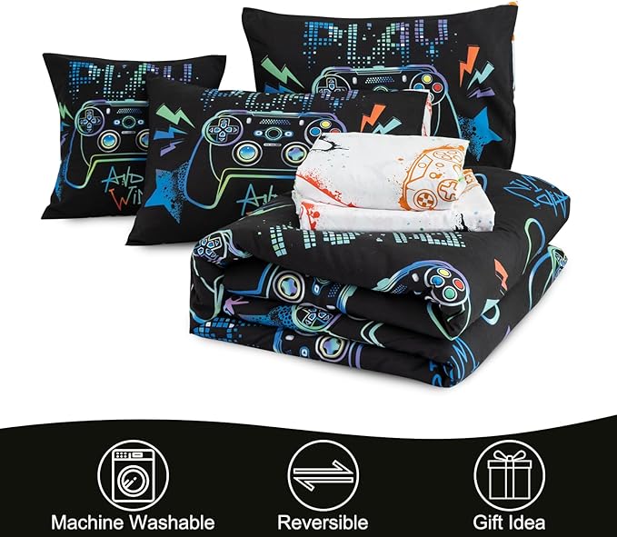 Meeting Story Gamer Gaming Bedding Sets Fluorescence Gamepad Comforter Set for Boys Games Console Action Buttons Novelty Colorful Modern Room Decor Home Quilt Set (Black, Twin6pcs) - LeafyLoom