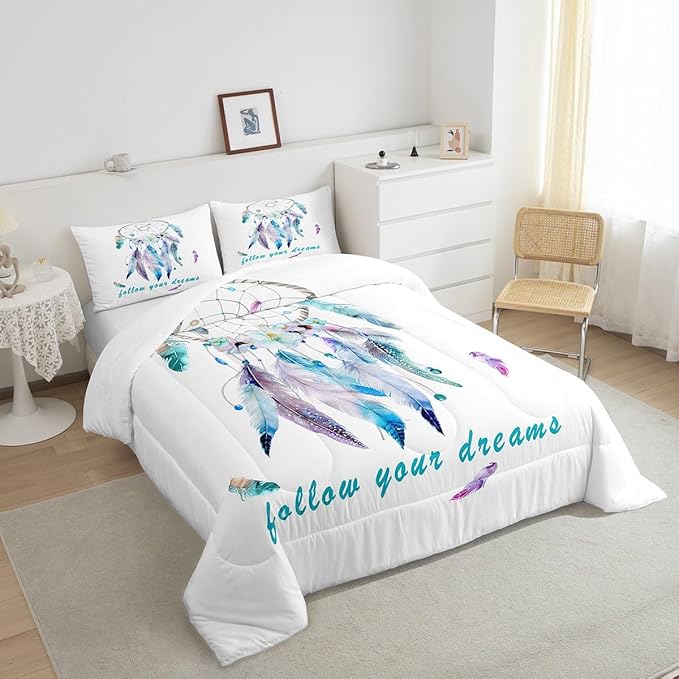 Dreamcatcher Comforter Set Boho Dream Catcher Bedding Set for Kids Boys Girls Teens Decor Indian Hippie Feather Print Comforter Native American Duvet Set 3Pcs King Size - LeafyLoom