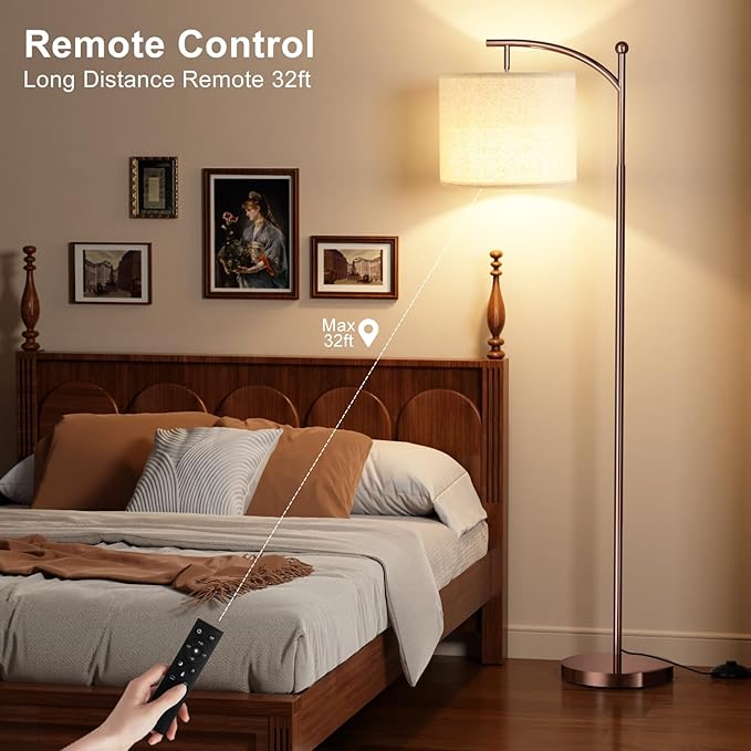 Ambimall Floor Lamp with Remote Control and Stepless Dimmable Bulb, Colors Temperature & Brightness Adjustable, Modern Floor Lamps for Living Room（Dark Beige Shade & Brown Pole） - LeafyLoom