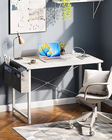 AODK 32 inch Small Computer Desk with Power Outlet for Small Spaces Home Office Student Laptop PC Writing Desks with Storage Bag Headphone Hook, White - LeafyLoom