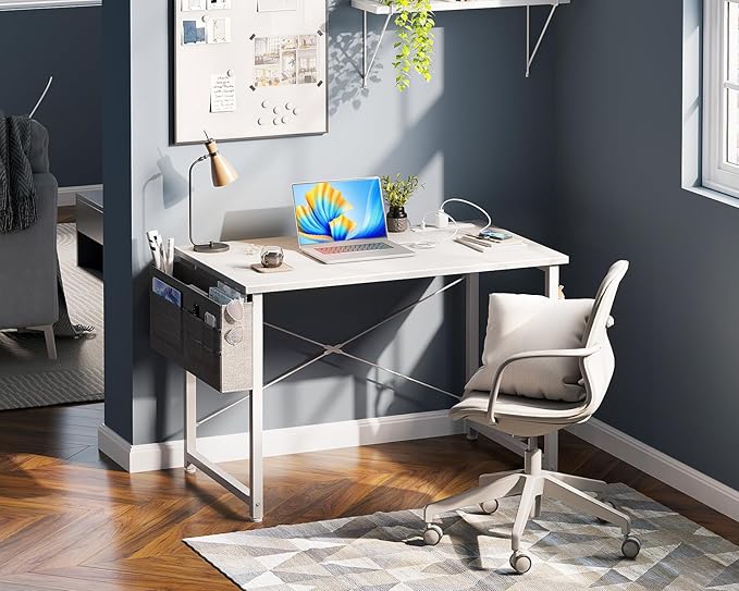 AODK 32 inch Small Computer Desk with Power Outlet for Small Spaces Home Office Student Laptop PC Writing Desks with Storage Bag Headphone Hook, White - LeafyLoom