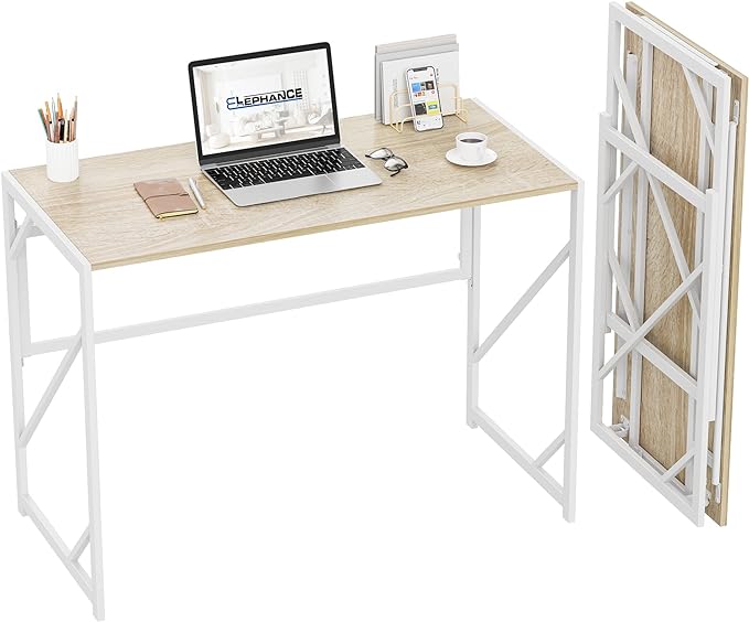 Elephance Folding Desk Writing Computer Desk for Home Office, No-Assembly Study Office Desk Foldable Table for Small Spaces - LeafyLoom