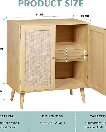 Sideboard Buffet Cabinet with Storage, Kitchen Storage Cabinet with Rattan Doors, Rattan Cabinet with Adjustable Shelves for Hallway, Living Room, 31.5 x 15.7 x 35 Natural, Assemble Easily - LeafyLoom