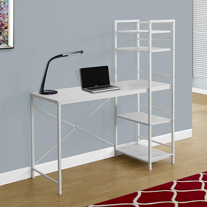 Monarch Specialties Study Workstation with 4 Bookshelves-Home & Office Computer Desk with 4 Tier, 48", White - LeafyLoom