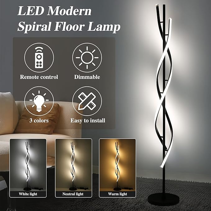 JUTIFAN LED Spiral Floor Lamps for Living Room with Remote, 35W Dimmable Standing Lamp for Living Room, 53" LED Modern Corner Floor Lamp, 3 Color Adjustable Corner Modern Reading lamp for Bedroom - LeafyLoom