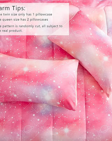 Pink Ombre Glitter Galaxy Comforter Set Twin Size for Girls, Sparkle Constellation Starry Sky Comforter for Kids Teen, 2 Piece Soft Microfiber Bedding Sets with 1 Pillow Case for All Season(Pink,Twin) - LeafyLoom