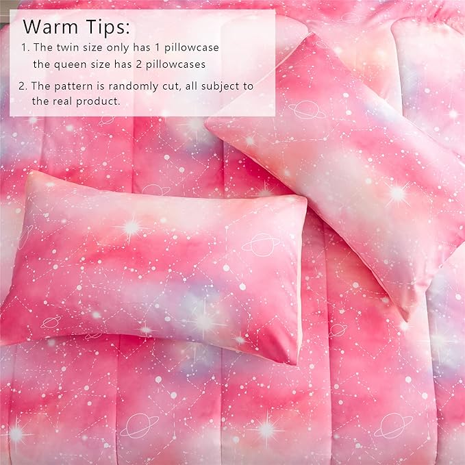 Pink Ombre Glitter Galaxy Comforter Set Twin Size for Girls, Sparkle Constellation Starry Sky Comforter for Kids Teen, 2 Piece Soft Microfiber Bedding Sets with 1 Pillow Case for All Season(Pink,Twin) - LeafyLoom