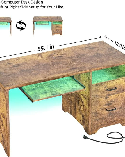 Office Desk with File Cabinet, 55 Inch Reversible Computer Desk with Smart LED Light and Power Outlet, Sturdy Gaming Desk with Keyboard Tray & Storage Drawers, Easy to Assemble, Rustic Brown - LeafyLoom