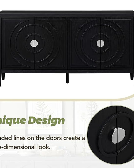 Retro Sideboard with Circular Groove Design Round Metal Door Handle,Wooden Buffet Cabinet,W/Adjustable Shelves & Open Countertop,for Entrance Living Dinning Room,Black, 60" - LeafyLoom