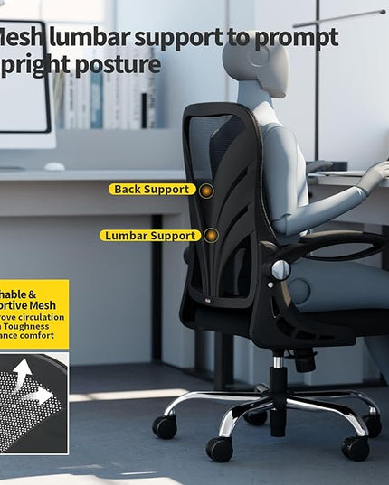 Ergonomic Office Chair with Foldable Backrest, Computer Desk Chair with Flip-up Armrests, Mesh Lumbar Support and Tilt Function Big and Tall Office Chair, Black - LeafyLoom