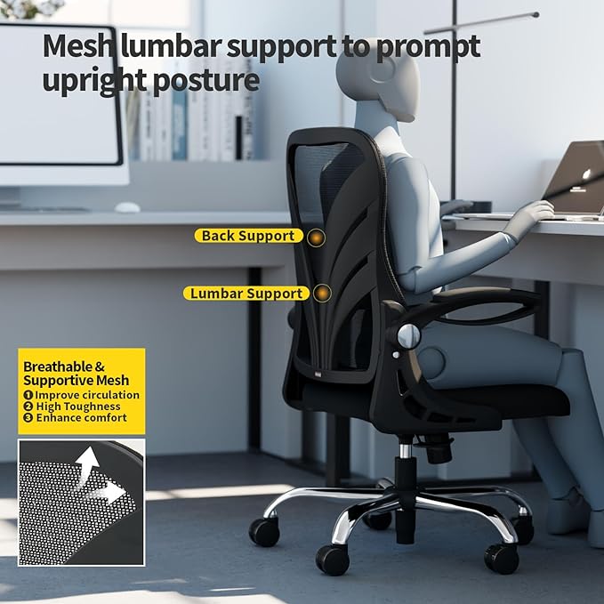 Ergonomic Office Chair with Foldable Backrest, Computer Desk Chair with Flip-up Armrests, Mesh Lumbar Support and Tilt Function Big and Tall Office Chair, Black - LeafyLoom