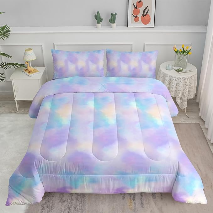 Axolotl Tie Dye Bedding Set Full,Pink Blue Purple Comforter Set,Boho Psychedelic Bedding Colorful Tie Dye Pastel Comforter Set,Rainbow Bedding Set for Kids Girls Teens Women,1 Quilt 2 Pillowcases - LeafyLoom