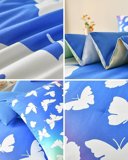 Butterfly Bedding Set Full, Blue Butterfly Comforter Set for Girls Kids Teens 6 pcs Bed in a Bag Full Bedding Sets for Girls - LeafyLoom