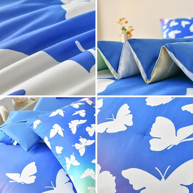 Butterfly Bedding Set Full, Blue Butterfly Comforter Set for Girls Kids Teens 6 pcs Bed in a Bag Full Bedding Sets for Girls - LeafyLoom