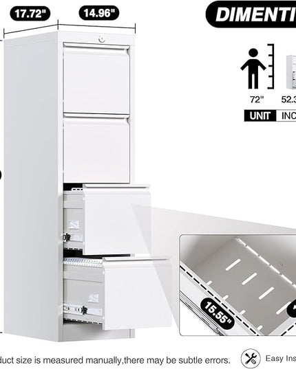 4 Drawer File Cabinet, Office Filing Cabinet with Lock/Drawer, Metal Vertical File Storage Cabinet for A4 Letter/Legal Size, 14.96" W x 17.72" D x 52.36" H, Assembly Required - LeafyLoom