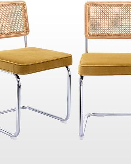 Zesthouse Mid Century Modern Dining Chairs Set of 2, Velvet Accent Chairs with Natural Cane Back & Stainless Chrome Base, Famous Breuer Designed Chairs, Upholstered Rattan Kitchen Chairs - LeafyLoom