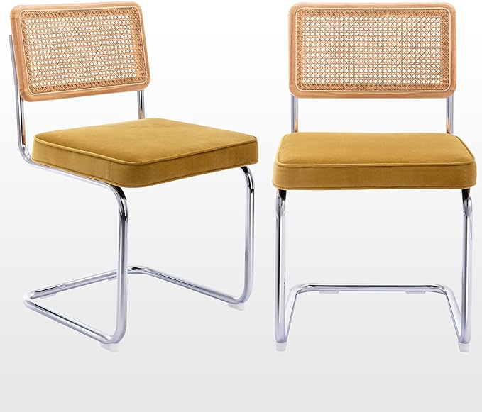 Zesthouse Mid Century Modern Dining Chairs Set of 2, Velvet Accent Chairs with Natural Cane Back & Stainless Chrome Base, Famous Breuer Designed Chairs, Upholstered Rattan Kitchen Chairs - LeafyLoom