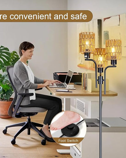 Ganeed Floor Lamps for Living Room,3 Lights Rattan Standing Tall Lamp with Foot Switch,360°Rotation Black Modern Woven Standing Floor Lamp for Bedroom Office - LeafyLoom
