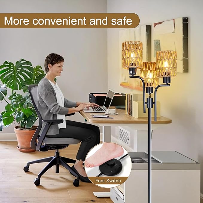 Ganeed Floor Lamps for Living Room,3 Lights Rattan Standing Tall Lamp with Foot Switch,360°Rotation Black Modern Woven Standing Floor Lamp for Bedroom Office - LeafyLoom