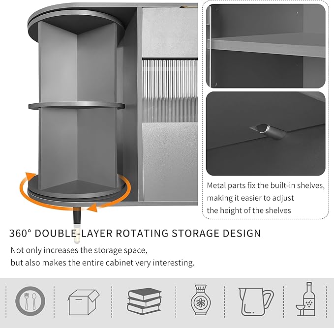 51.1" Rotating Storage Cabinet Sideboard with 2 Doors of Tempered Changhong Glass and 2 Drawers,Wooden Console Table,w/Built-in Shelves & Turntable,for Living Room,Gray - LeafyLoom