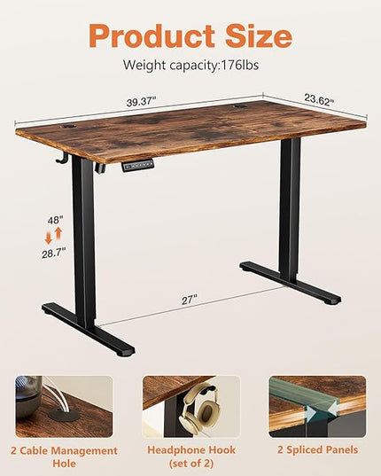 Sweetcrispy Electric Standing Desk - 40 x 24 inch Adjustable Height Sit to Stand Up Desk with Splice Board, Rising Home Office Computer Table with 2 Hook and Wire Hole for Work - LeafyLoom