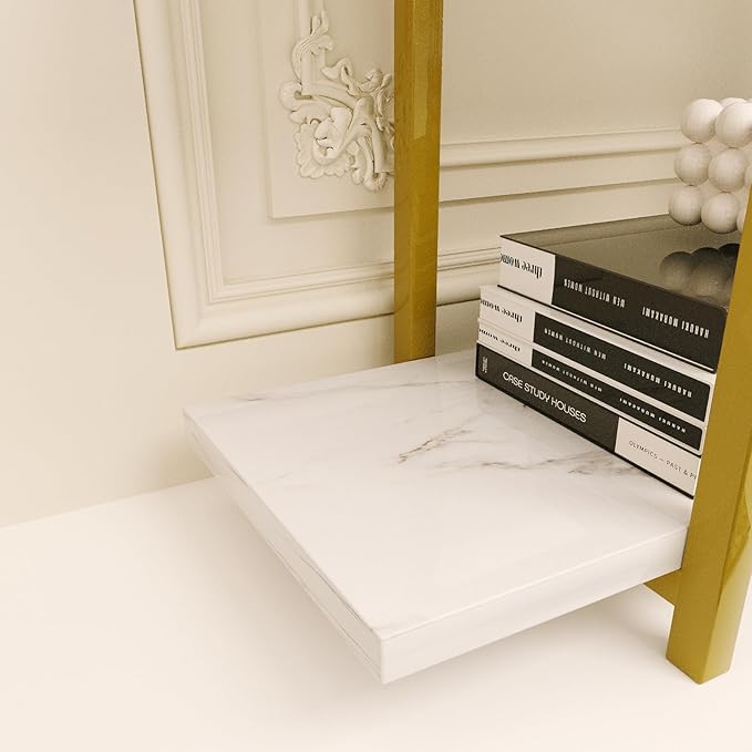 5 Tiers Bookshelf Organizer White Faux Marble Shelf,Modern Open Display Storage Bookcase, and Metal Bookshelf Standing Storage Shelf Tall Shelving Units for Home Office Study - LeafyLoom