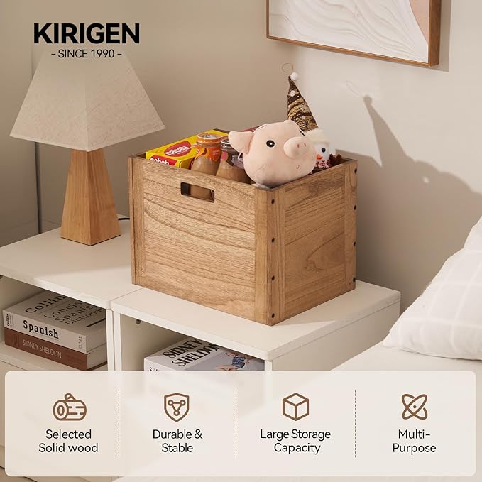 KIRIGEN Stackable Wood Storage Cube/Basket/Bins Organizer for Home Books Clothes Toy Modular Open Cubby Storage System - Office Cubical Bookcase Closet Shelves C26-DBR - LeafyLoom
