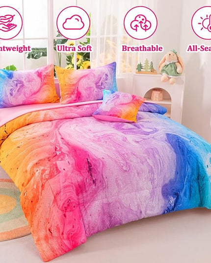 Girls Twin Bedding Sets, 6 Pcs Pink Twin Szie Comforter Set with Sheets, Watercolor Marble Abstract Art Superior Bedding Set for Girls Kids - LeafyLoom