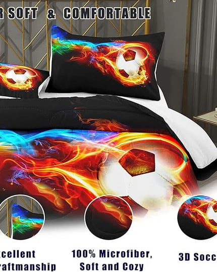 Bodhi Soccer Comforter Set King Size,Fire Sports Comforter Set for Boys,Football Bedding King,Teen Boy Bedding Set with Matching Pillowcases,Kids Comforter Set King - LeafyLoom