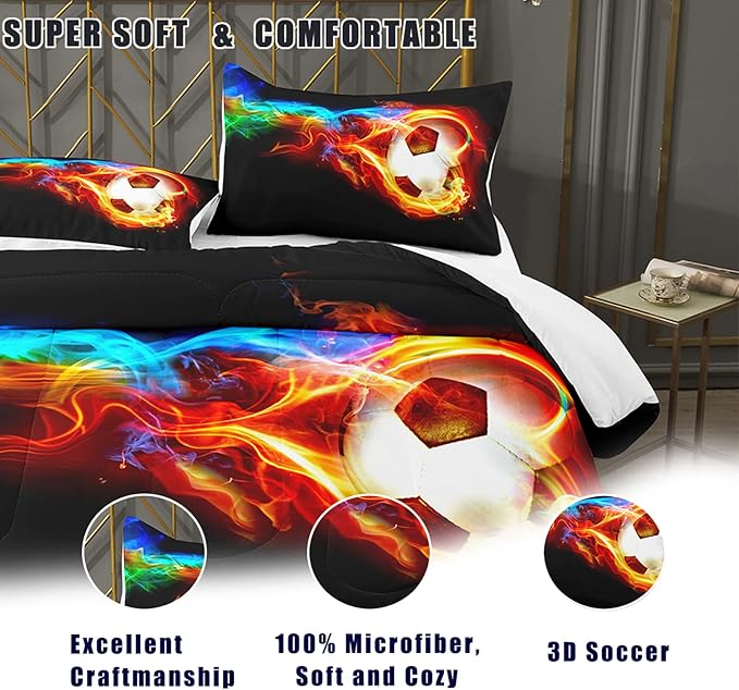 Bodhi Teen Bedding Set Twin,Soccer Comforter Set for Boys,Fire Sports Comforter Set Twin Size,Boys Football Comforter Set with Matching Pillowcases,Boys Bedding Set Twin - LeafyLoom