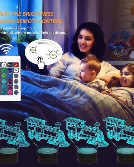 FULLOSUN Train Night Light, 3D Illusion Lamp for Kids, 16 Colors Changing with Remote Control Dim Function, Creative Birthday Xmas Gifts for Kids Boys Bedroom Decor - LeafyLoom